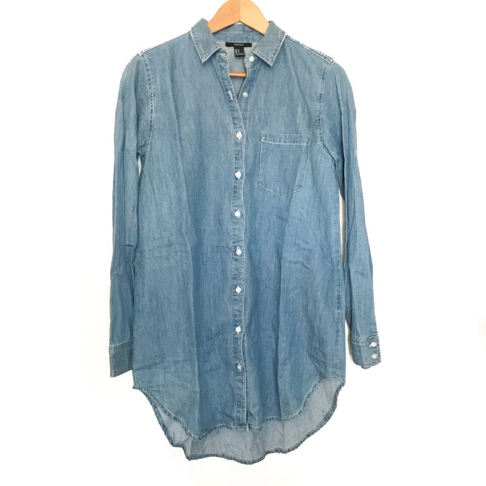 Forever 21 Medium Wash Denim Shirt Dress Curved Hem Small New Without Tags